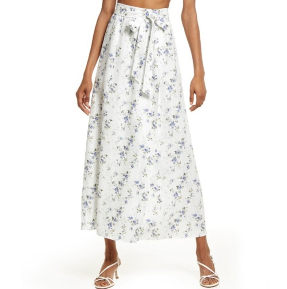 Reformation Madeline Palm Printed Maxi Skirt White Blue Floral Linen Tie Waist 2